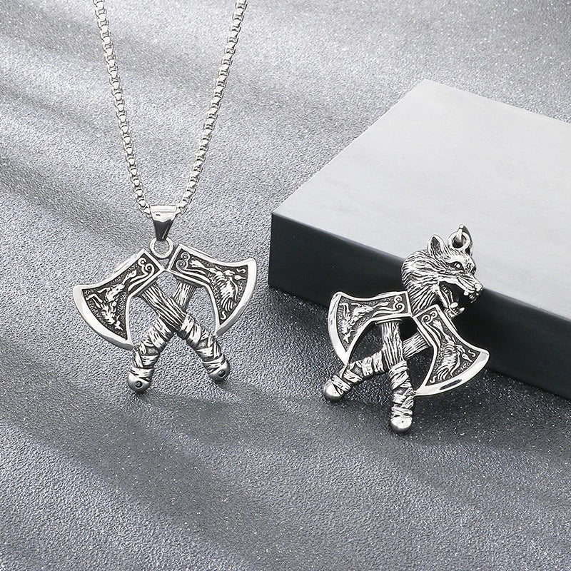 Kemstone Viking Axe Pendant Necklace Titanium Steel Wolf Head Celtic Knot Style for Men Silver KP117026-LU
