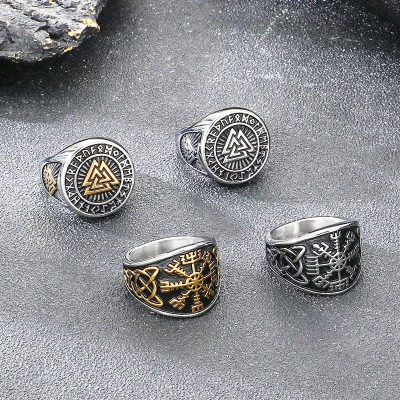 Kemstone Viking Rune Signet Ring for Men Titanium Steel Compass Celtic Knot Wide Band Silver Gold KR114478-MZOZ