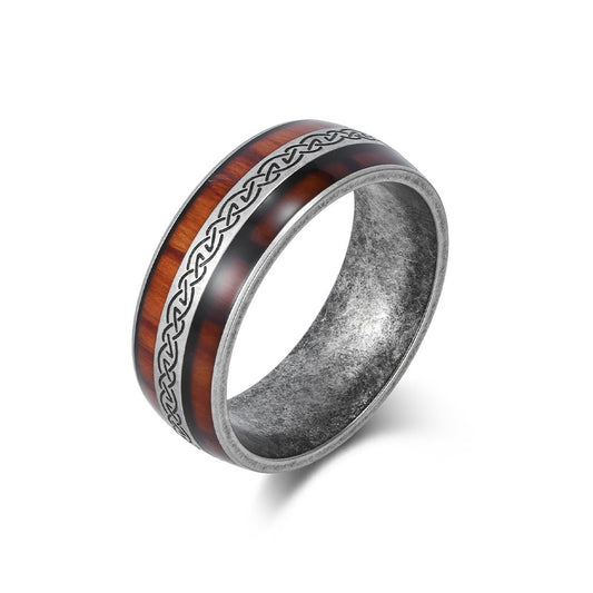 Kemstone Celtic Knot Wood Inlay Stainless Steel Ring for Men & Women K-R1026