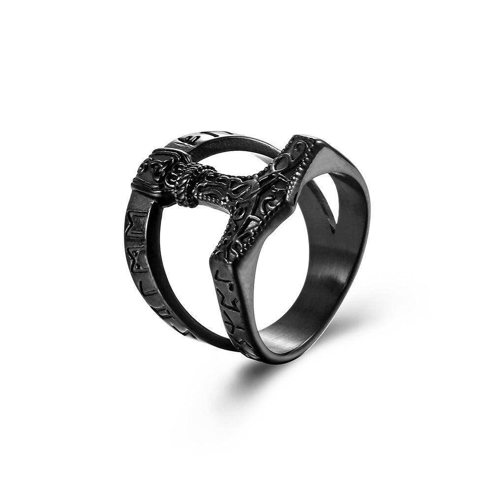 Kemstone Men’s Titanium Steel Ring – Viking Thor’s Hammer Rune Band K-R708