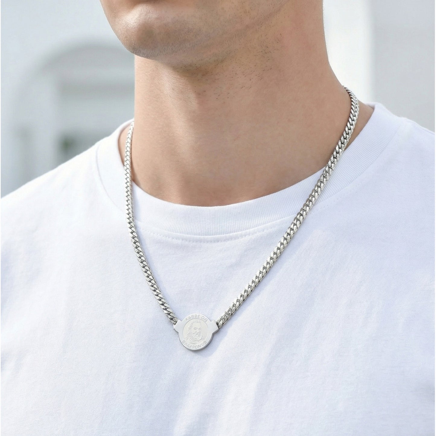 Kemston Stainless Steel Wheat Chain Medallion Necklace for Men NC-2264