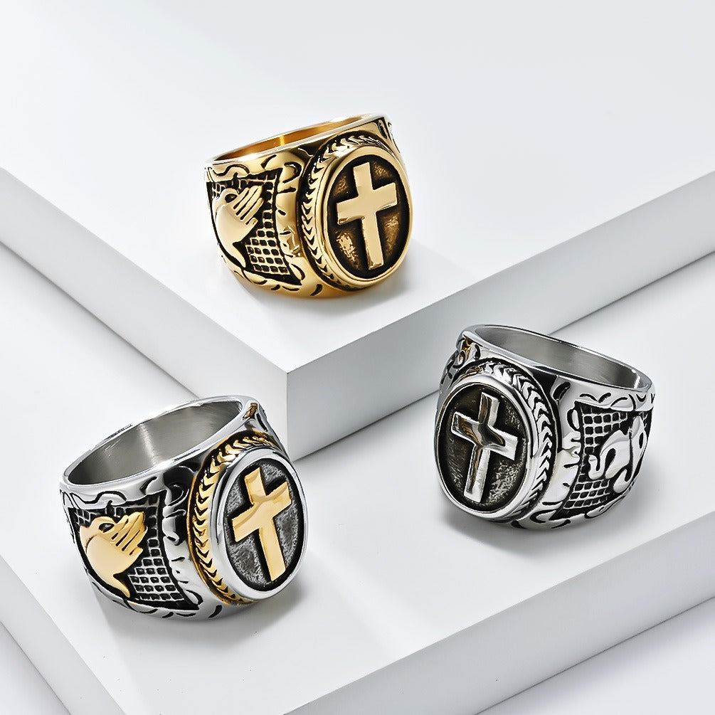 Kemstone Stainless Steel Vintage Cross Signet Ring for Men K-R958