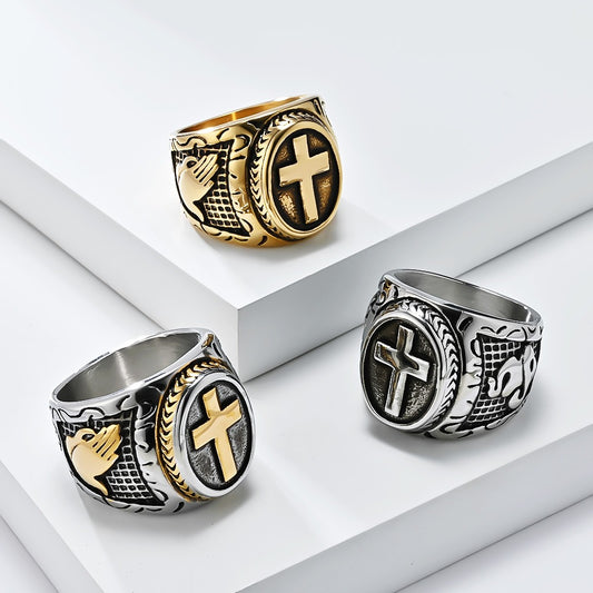 Kemstone Stainless Steel Vintage Cross Signet Ring for Men K-R958