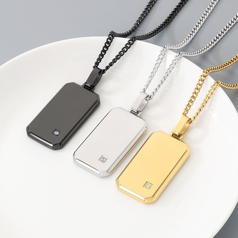 Kemstone Titanium Steel Tag Pendant Necklace for Men Minimalist Rectangular Cubic Zirconia KN301519-KFC