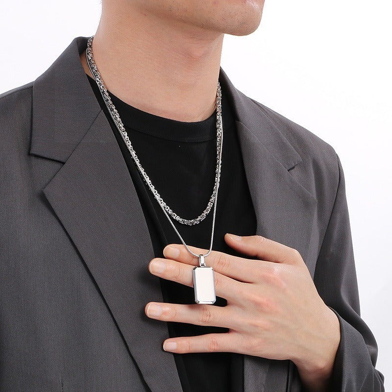 Kemstone Layered Rectangular Pendant Necklace for Men - Titanium Steel Double Chain KN283138-KFC