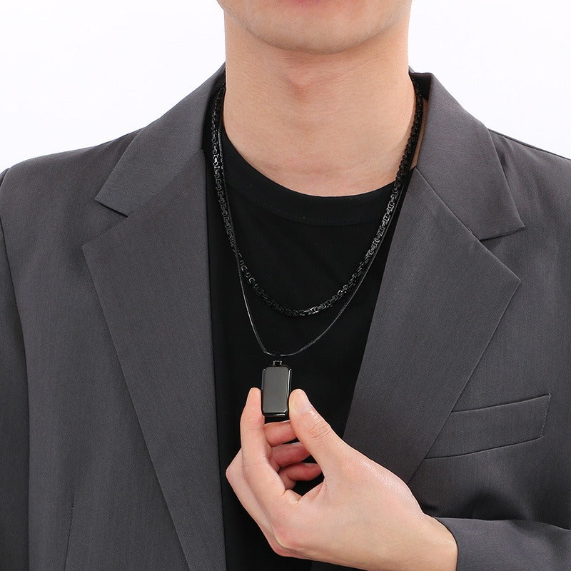 Kemstone Layered Rectangular Pendant Necklace for Men - Titanium Steel Double Chain KN283138-KFC