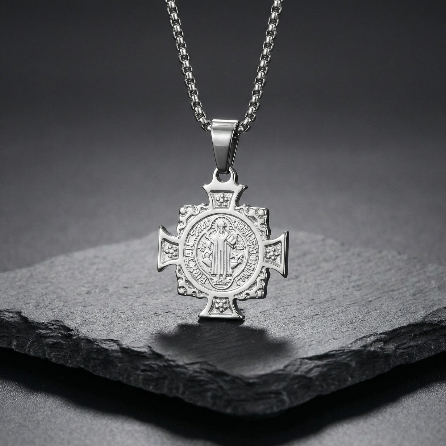 Kemstone Stainless Steel Saint Benedict Cross Pendant Necklace for Men PN-2297