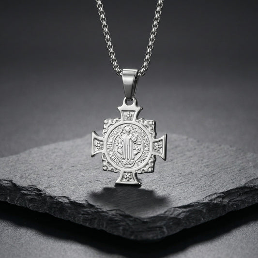 Kemstone Stainless Steel Saint Benedict Cross Pendant Necklace for Men PN-2297