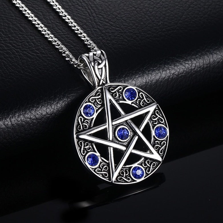 Kemstone Titanium Steel Pentagram Necklace for Men – Blue CZ Gothic Pendant PN-567