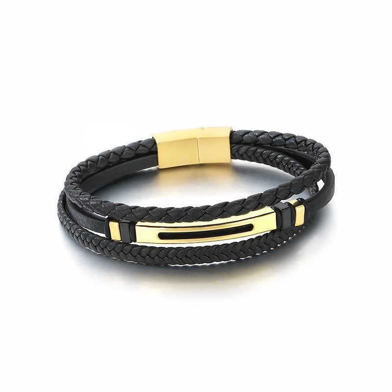 Kemstone Layered Braided Black Leather Bracelet for Men Titanium Steel Accent KB180741-JR