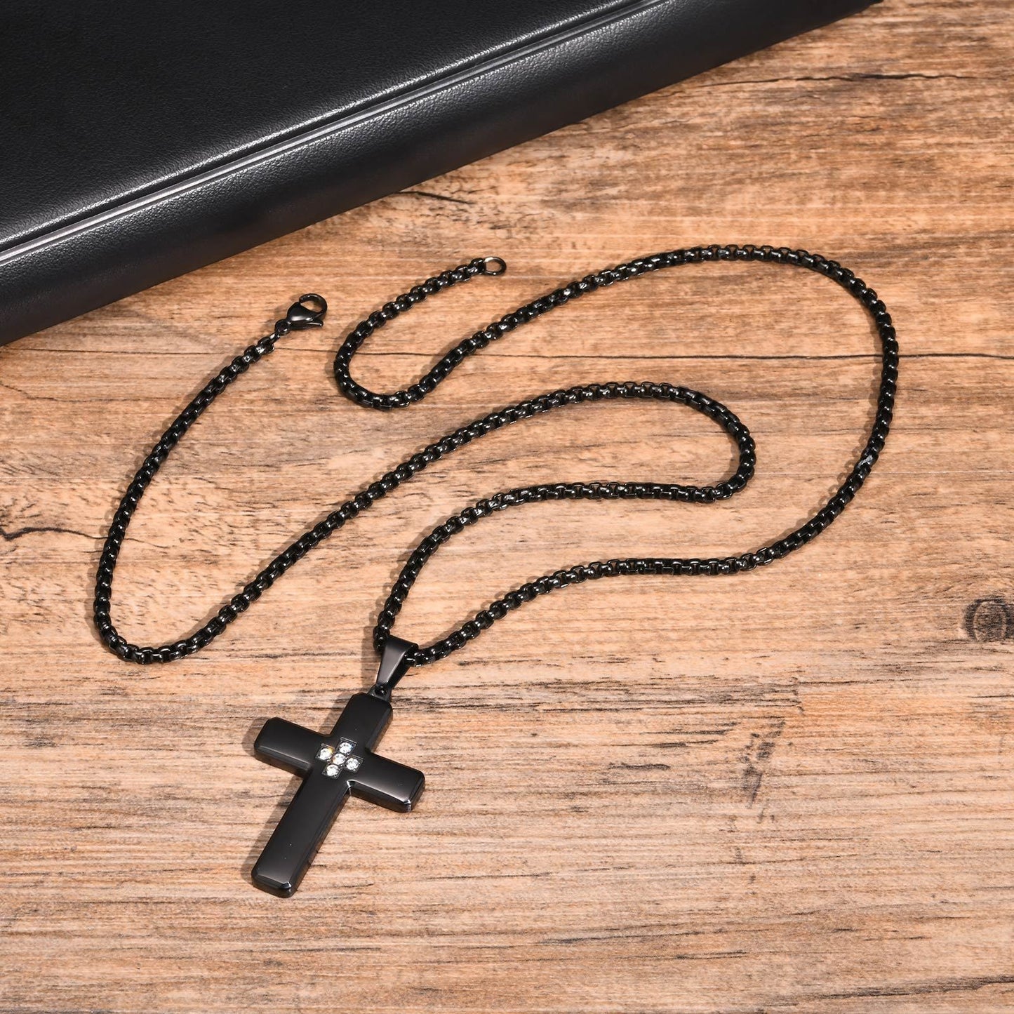 Kemstone Stainless Steel Cross Pendant Necklace with Cubic Zirconia Inlay for Men PN-2044