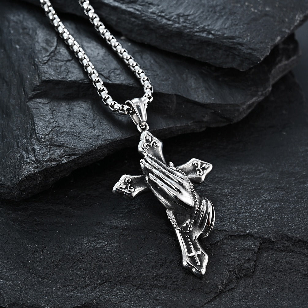Kemstone Praying Hands Cross Pendant Necklace for Men Stainless Steel Vintage K-PT254
