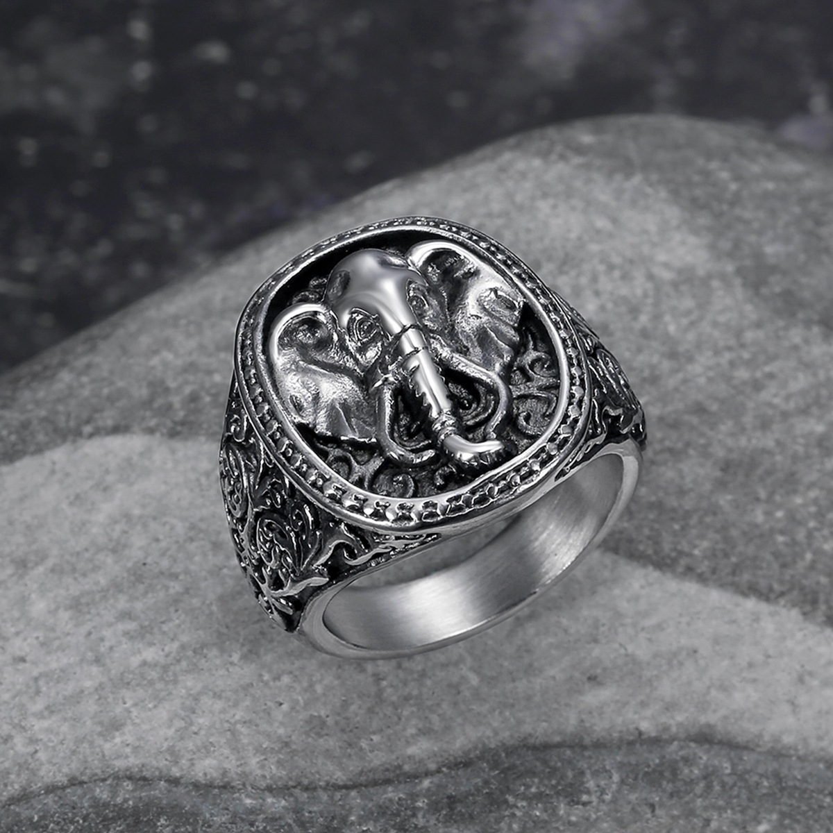 Kemstone Elephant Signet Ring for Men Stainless Steel Vintage Engraved TR0398