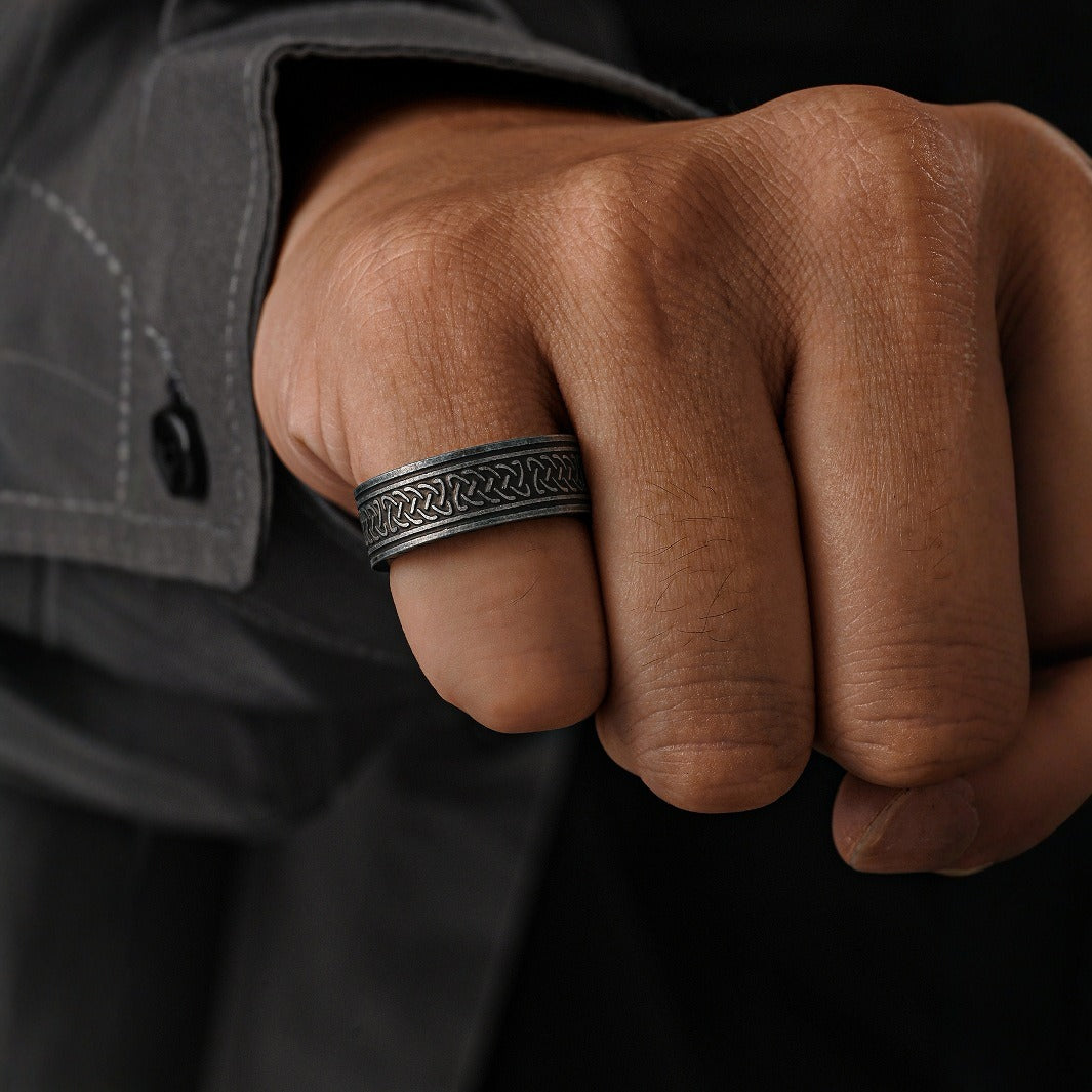 Kemstone Titanium Steel Engraved Band Ring for Men Vintage Letter Texture TR0424