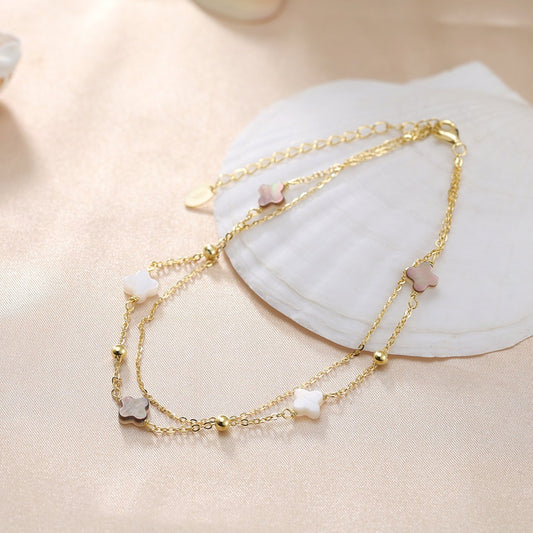 Kemstone 925 Sterling Silver Clover Anklet for Women Layered Shell Chain Gold Silver GMA02