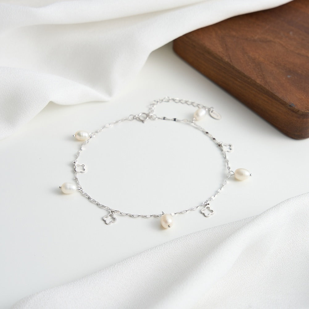 Kemstone 925 Sterling Silver Clover Anklet for Women Freshwater Pearl Gold Silver SA105