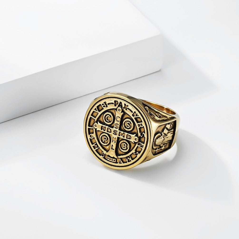 Kemstone Stainless Steel Cross Medallion Ring for Men Vintage Engraved Coin Signet Seal Symbol Silver Gold Black K-R1143