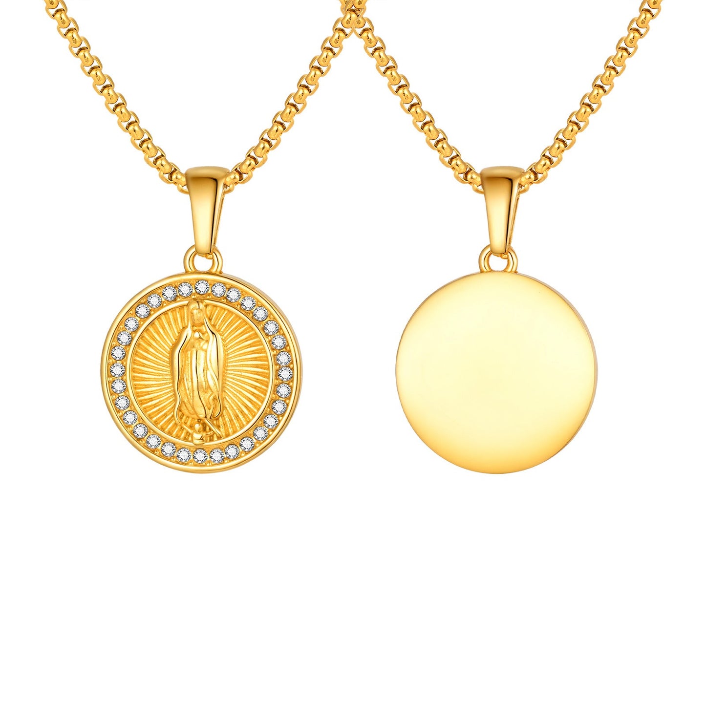Kemstone Round Coin Pendant Necklace Gold Plated Stainless Steel Cubic Zirconia Medallion for Men Women PN-2339