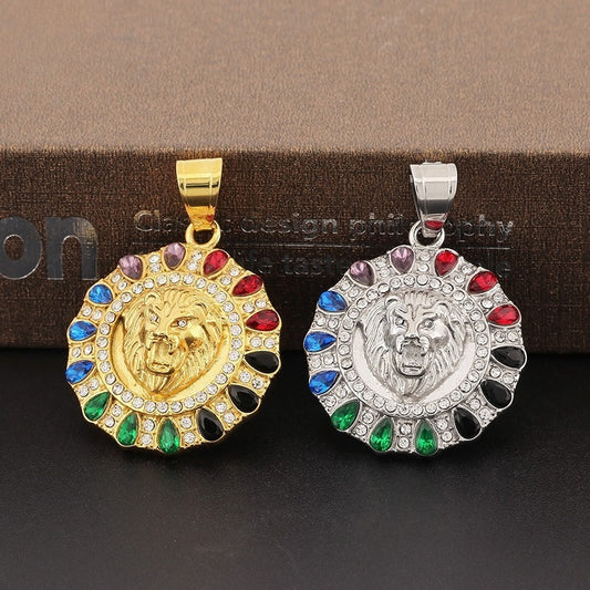Kemstone Titanium Steel Lion Head Pendant Necklace – Colorful Cubic Zirconia Hip Hop Style for Men KP130476-MZOZ