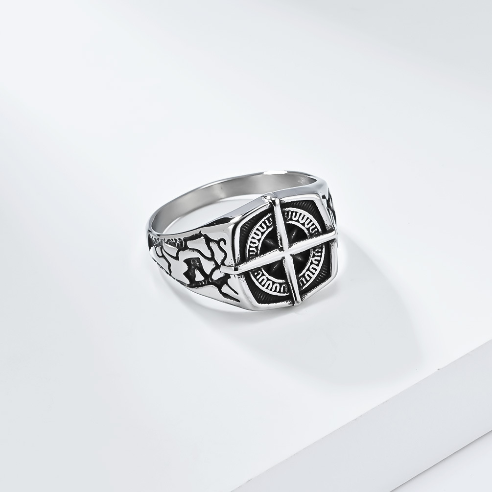 Kemstone Nautical Compass Stainless Steel Signet Ring for Men – Vintage Cross Dial Design K-R853