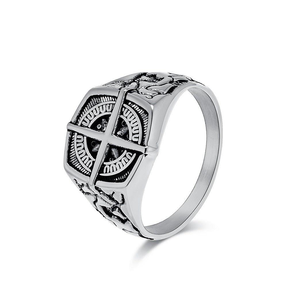 Kemstone Nautical Compass Stainless Steel Signet Ring for Men – Vintage Cross Dial Design K-R853