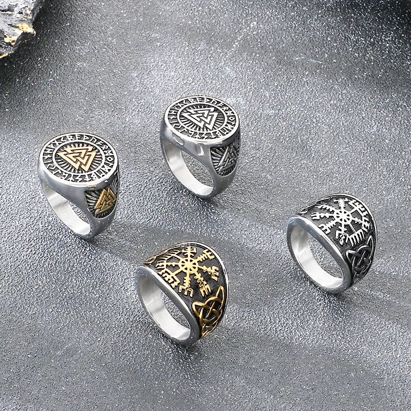 Kemstone Viking Rune Signet Ring for Men Titanium Steel Compass Celtic Knot Wide Band Silver Gold KR114478-MZOZ