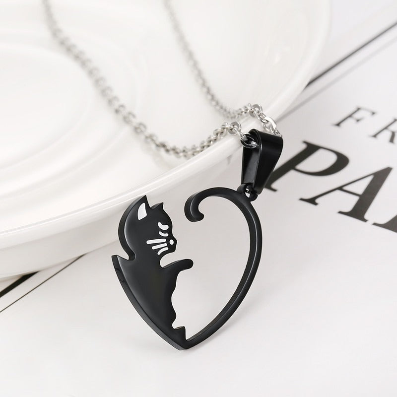 Kemston Titanium Steel Cat Couple Necklace Black White Heart 55cm TN0197