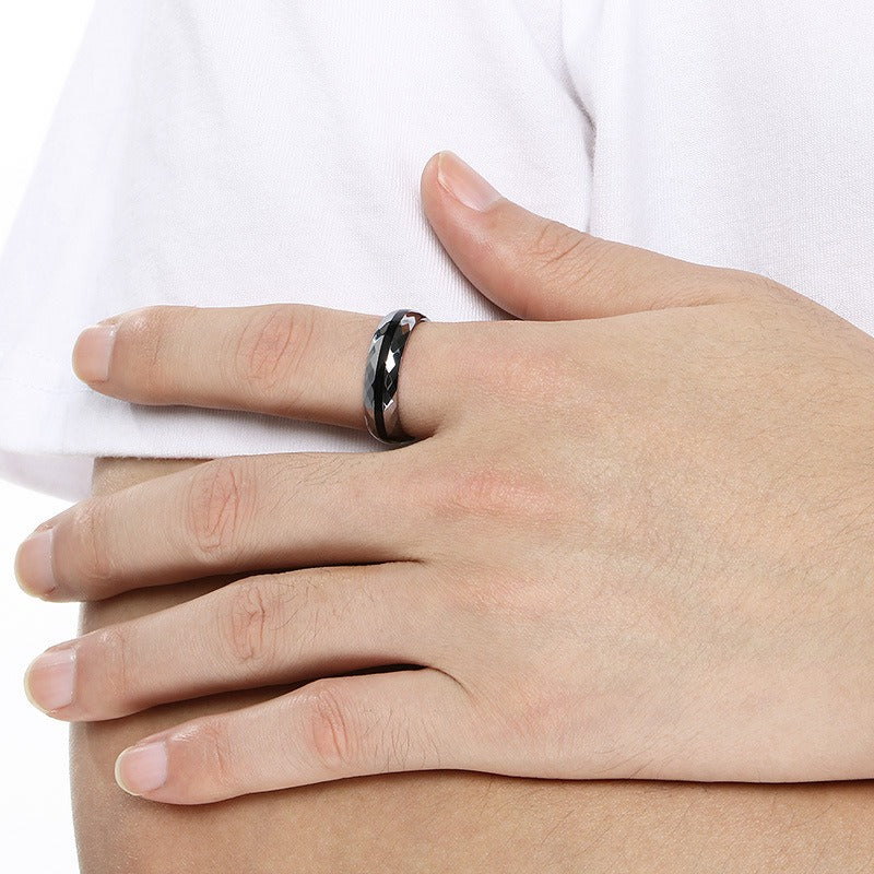 Kemstone Tungsten Steel Ring for Men & Women – Ceramic Inlay / Faceted Black Enamel Band 6mm 7mm KR114248-TS