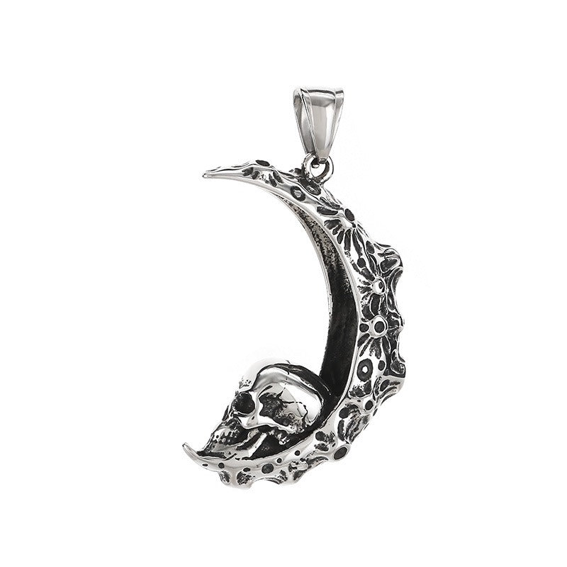 Kemstone Crescent Moon Pendant Necklace Titanium Steel Carved Floral Gothic Style for Men KP117749-LU