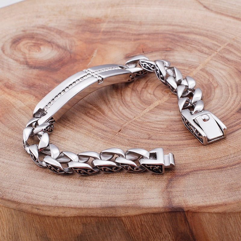 Kemstone Stainless Steel Cross Bracelet for Men Cubic Zirconia Cuban Link KB102755-BD