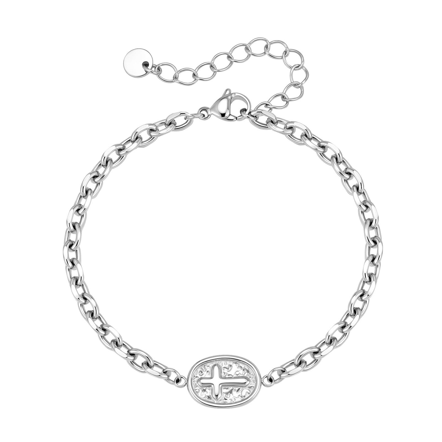 Kemstone Stainless Steel Cross Chain Bracelet for Men – Oval Plate Minimal Style Silver BR-2881