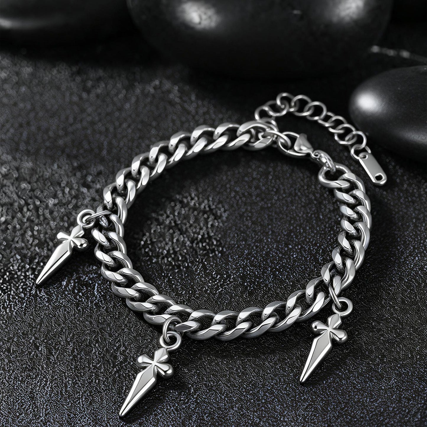 Kemstone Cuban Link Bracelet with Cross Charms Stainless Steel Adjustable Chain for Men BR-2809