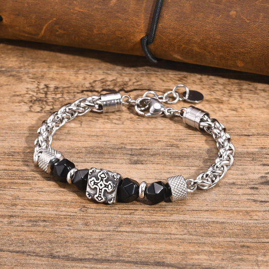 Kemstone Beaded Chain Bracelet for Men Stainless Steel Black Faceted Cross Detail BR-1907