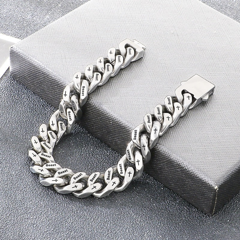 Kemstone Cuban Link Bracelet for Men Titanium Steel Cross Engraved Wide Chain Heavy Chunky Silver KB211839-ZCG