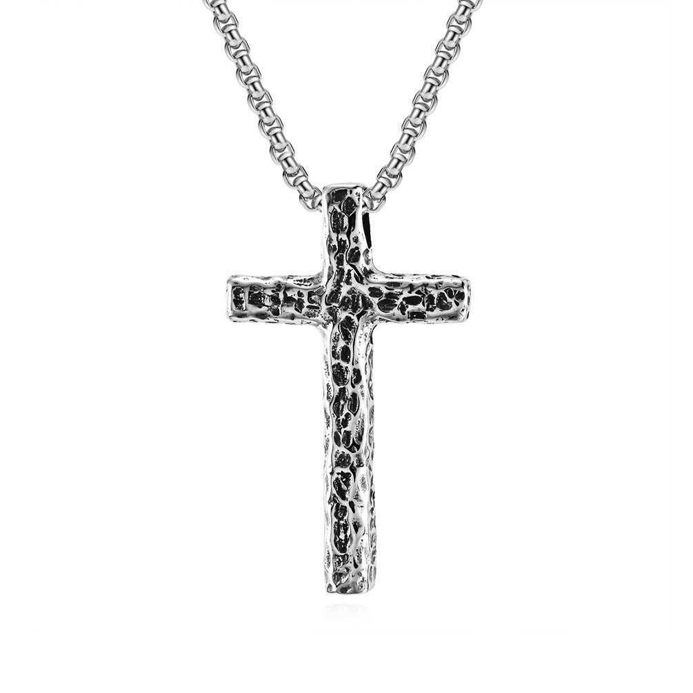 Kemstone Stainless Steel Cross Pendant Necklace for Men Hammered Textured Vintage K-PT504
