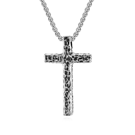 Kemstone Titanium Steel Cross Pendant Necklace for Men Hammered Textured Vintage K-PT504