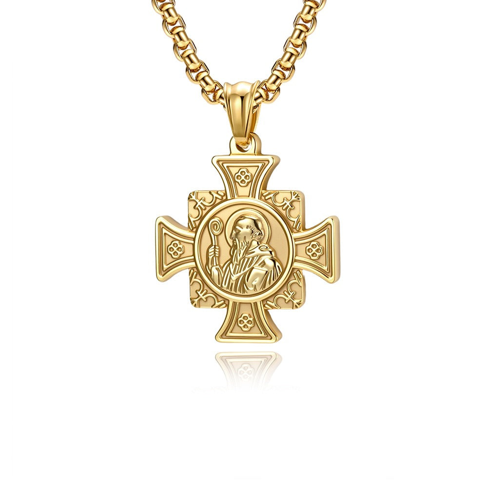 Kemstone Titanium Steel Cross Pendant Necklace for Men Vintage Engraved Medallion Silver Gold Black K-PT710