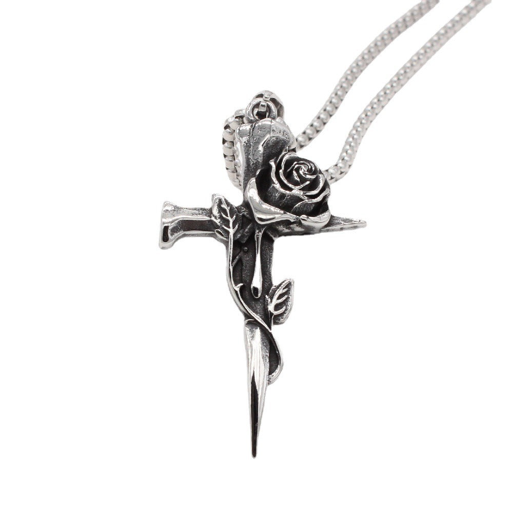Kemstone Stainless Steel Cross Pendant Necklace for Men Women Rose Detail Vintage P0999