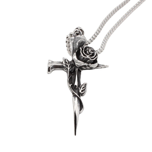 Kemstone Titanium Steel Cross Pendant Necklace for Men Women Rose Detail Vintage P0999