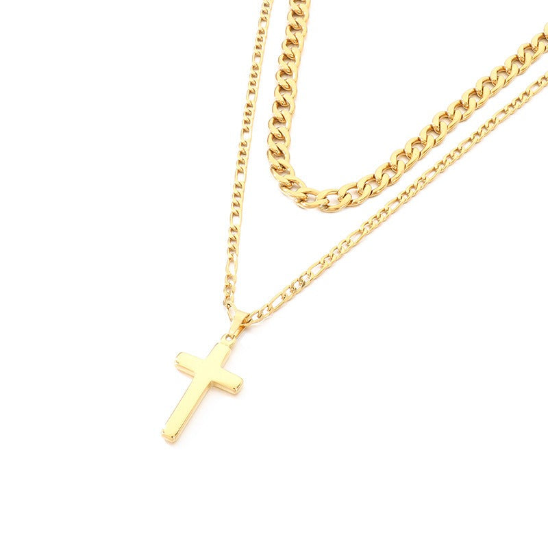 Kemstone Stainless Steel Cross Pendant Necklace for Men Layered NK Chain KN292217-Z