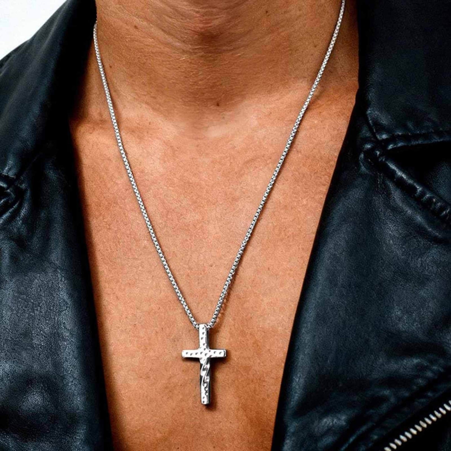 Kemstone Cross Pendant Necklace Stainless Steel Hammered Twisted Design for Men NC-2636S