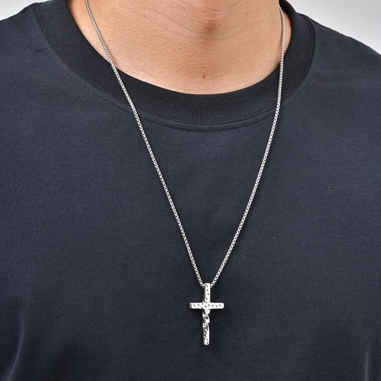 Kemstone Cross Pendant Necklace Stainless Steel Hammered Twisted Design for Men NC-2636S