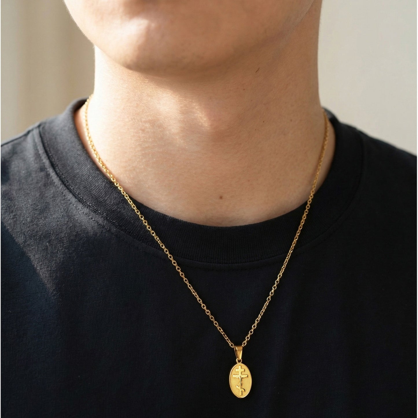 Kemstone Vintage Cross Oval Pendant Necklace Stainless Steel for Men & Women PN-2335