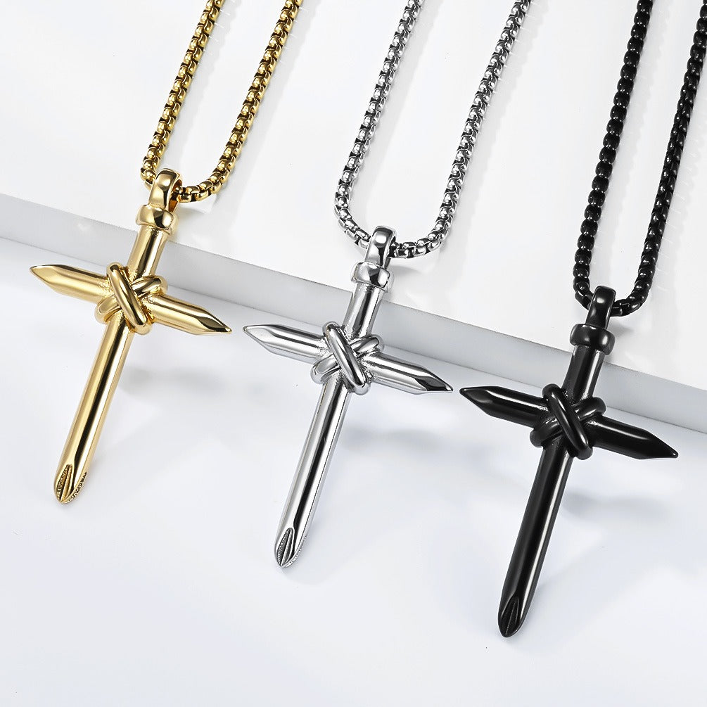 Kemstone Stainless Steel Nail Cross Pendant Necklace Knot Detail for Men & Women K-PT714