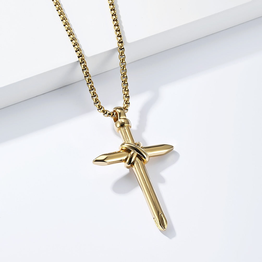 Kemstone Stainless Steel Nail Cross Pendant Necklace Knot Detail for Men & Women K-PT714