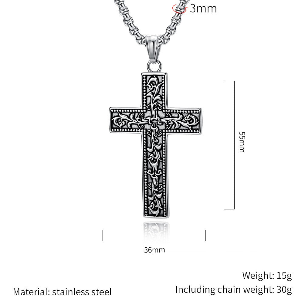 Kemstone Vintage Floral Engraved Cross Stainless Steel Pendant Necklace for Men K-PT703