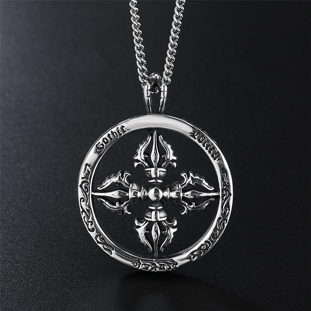 Kemstone Titanium Steel Cross Pendant Necklace for Men Round Medallion Vintage Silver P0086