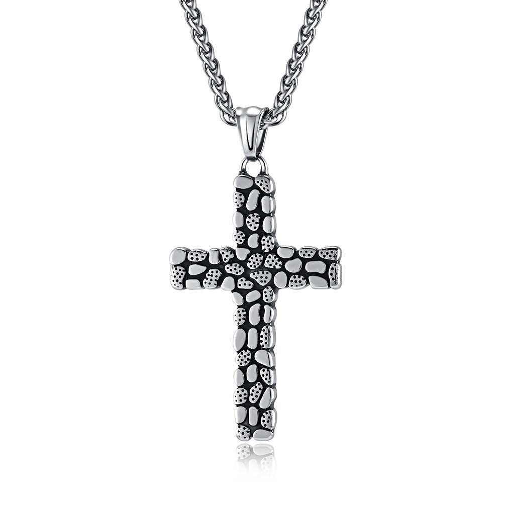 Kemstone Cross Pendant Necklace Titanium Steel Pebble Texture Chain for Men K-PT513