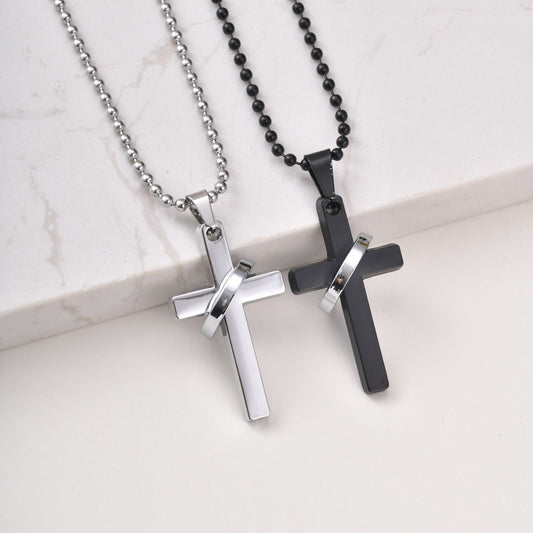 Kemstone Stainless Steel Cross Ring Pendant Necklace for Men Silver Black NC-3002
