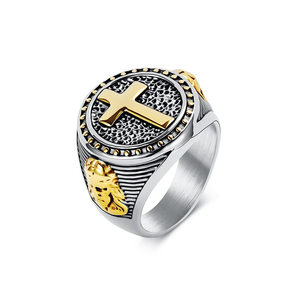 Kemstone Titanium Steel Cross Medallion Ring for Men Two Tone Round Signet Vintage Style Silver Gold Black K-R1140